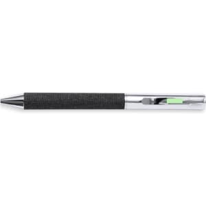 A sleek black pen with a textured grip and chrome accents, featuring a small light indicator.