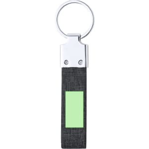 A keyring with a wide grey fabric strap and a rectangular green label area, featuring a silver metal ring.