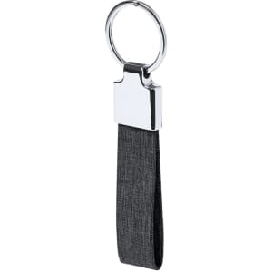 A keyring with a silver metal clip and a grey fabric strap. The keyring features a round attachment loop.