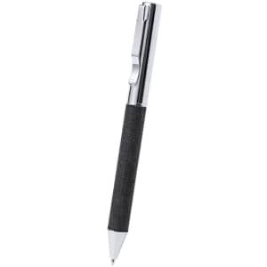 A black pen with a textured grip and chrome accents, featuring a clip on the side.