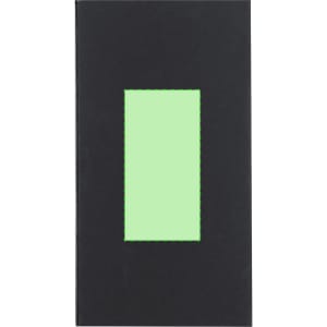 A black notebook with a green rectangular cutout on the cover, featuring stitched edges.