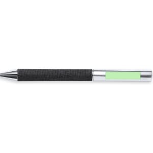 A black pen with a textured grip and a green accent, featuring a silver metal tip and clip.