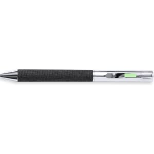 A sleek black pen with a chrome tip and a textured grip, featuring a small window and logo.