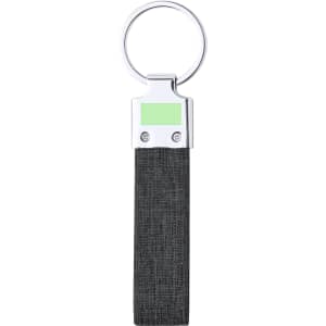 A grey fabric keyring with a silver metal keyring attachment and a small area featuring a logo or branding.