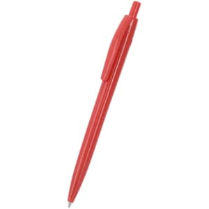 A red plastic pen with a click mechanism and a clip for holding. It features a logo on the barrel.