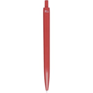 A red plastic pen with a smooth design and a pointed tip. The pen features a branding logo on the body.