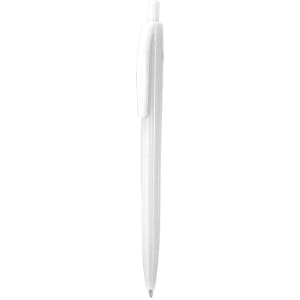 A white plastic pen with a click mechanism and a clip for attachment. It features a simple design.
