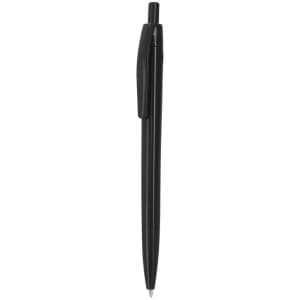 A black plastic pen with a clip, featuring a simple and sleek design. It has a logo on the body.
