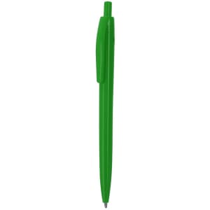 A green plastic pen with a smooth body and clip. The pen features a subtle branding logo.