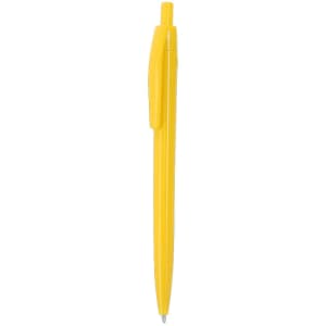 A yellow plastic pen featuring a clip and a smooth body. It includes a branding logo.