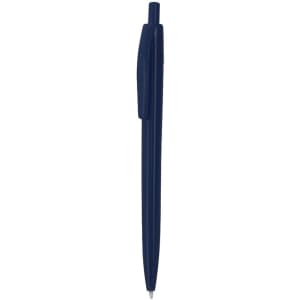 A plastic pen in navy blue with a slender design and a clip. The pen features a branding logo.