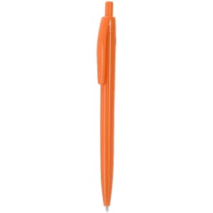 An orange plastic pen with a tapered design and a clip on the side. It features a logo on the barrel.