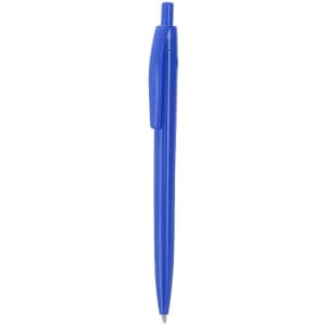 A blue plastic pen with a click mechanism and a pocket clip, featuring a logo on the barrel.