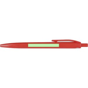 A red plastic pen with a green section and a clip. The pen features a logo but no text is visible.