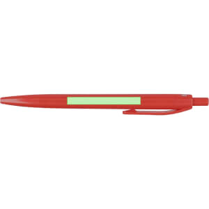 A red plastic pen with a clip and a blank section for writing, featuring a logo on the body.