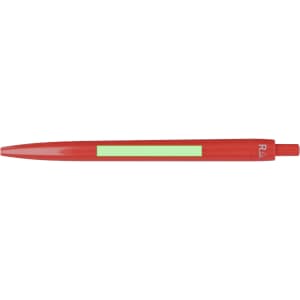 A red plastic pen with a green highlighting area and a logo on the side.