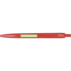 A red plastic pen featuring a green accent and a logo on the side.