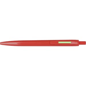 A red plastic pen with a clip and an accent colour detail. The pen has a smooth, sleek design and features branding.