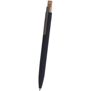 A black metal pen with a cork top and silver clip. The pen features a sleek design and has a branding logo.