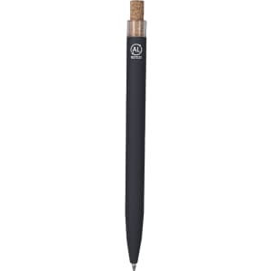 A metal pen in matte black with a cork top and a logo. Ideal for writing tasks.