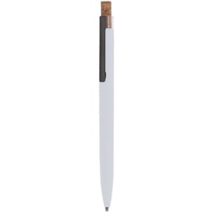 A metal pen with a white body, black clip, and cork top. It features a logo on the side.