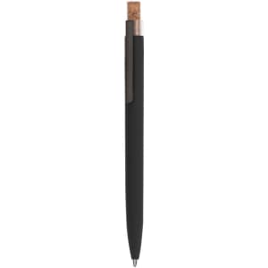 A metal pen with a sleek black finish and cork detailing on the top. Features a clip and has a logo.