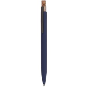 A metal pen with a navy blue body, silver accents, and a cork top. It features a clip and a branding logo.