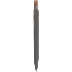 A grey metal pen with a cork top and silver accents, featuring a logo on the upper part.