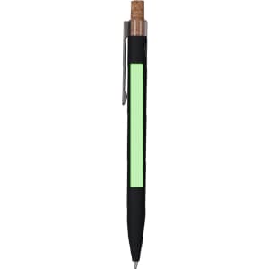 A black metal pen with a cork top and a glowing green section. It features a clip and a branding logo.