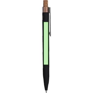 A metal pen with a black body, cork detail, and a green highlight. It features a clip and branding.