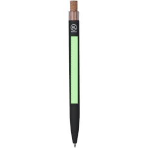 A black metal pen with a cork top and a green accent, featuring a branding logo.