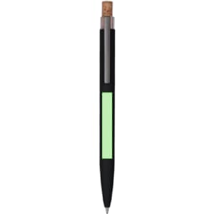 A metal pen with a black body, cork top, and a glowing green accent, featuring a logo.