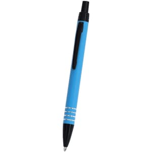 A blue metal pen with a black clip and accents, featuring silver decorative lines. It has a sleek design.