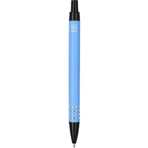 A metal pen in bright blue with a black tip and silver accents, featuring a logo.