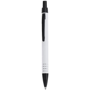 A metal pen featuring a white barrel and black accents, complete with a clip and a logo.
