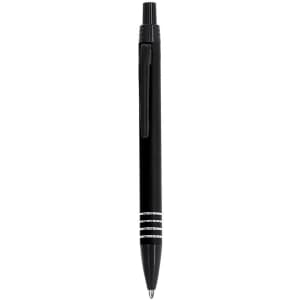 A black metal pen with silver accents and a clip for easy attachment. It features a sleek, modern design.
