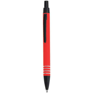 A red metal pen with a black clip and accents, featuring a smooth finish and a polished tip.