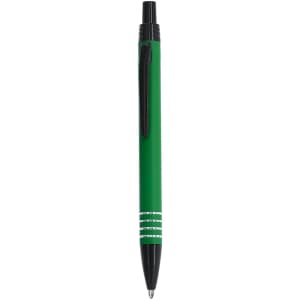 A green metal pen with a black grip and silver accents, featuring a clip and a branding logo.