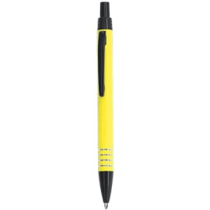 A metal pen in bright yellow with a black clip and tip, featuring a sleek design and silver accents.