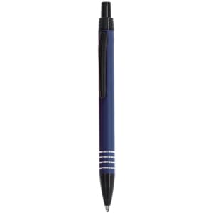 A metal pen in navy blue with silver accents and a black clip. The pen features a sleek, modern design.