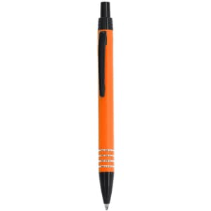 An orange metal pen with black accents and a logo on the side.
