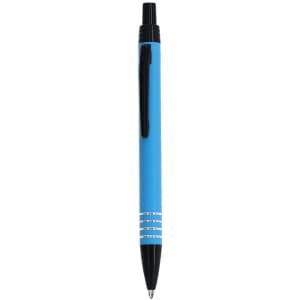 A metal pen in a vibrant blue colour with black accents and a clip. It features decorative silver stripes near the tip.