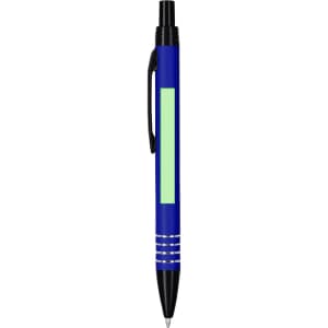 A blue metal pen with a black clip and shiny chrome accents, featuring a blank area for custom branding.