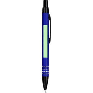A blue metal pen featuring a sleek design and a clip for easy attachment, with an area for branding.
