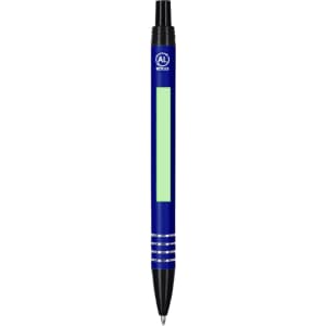 A blue metal pen featuring a branded logo and a prominent green highlight area for customisation.