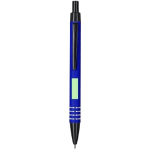 A blue metal pen featuring a black clip and accents, with a logo on the body.