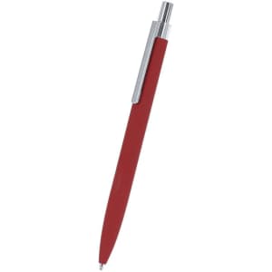 A metal pen in a vibrant red colour with a silver clip, featuring a sleek design and branding.