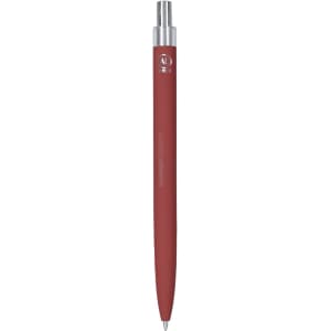 A metal pen in a matte red finish with a silver clip and branding detail.