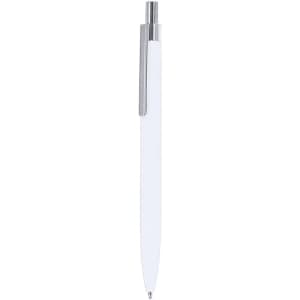 A metal pen with a white barrel and silver clip, featuring branding on the side.