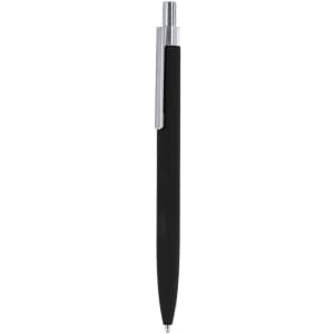 A metal pen in black with a silver clip, featuring a sleek design and smooth finish.
